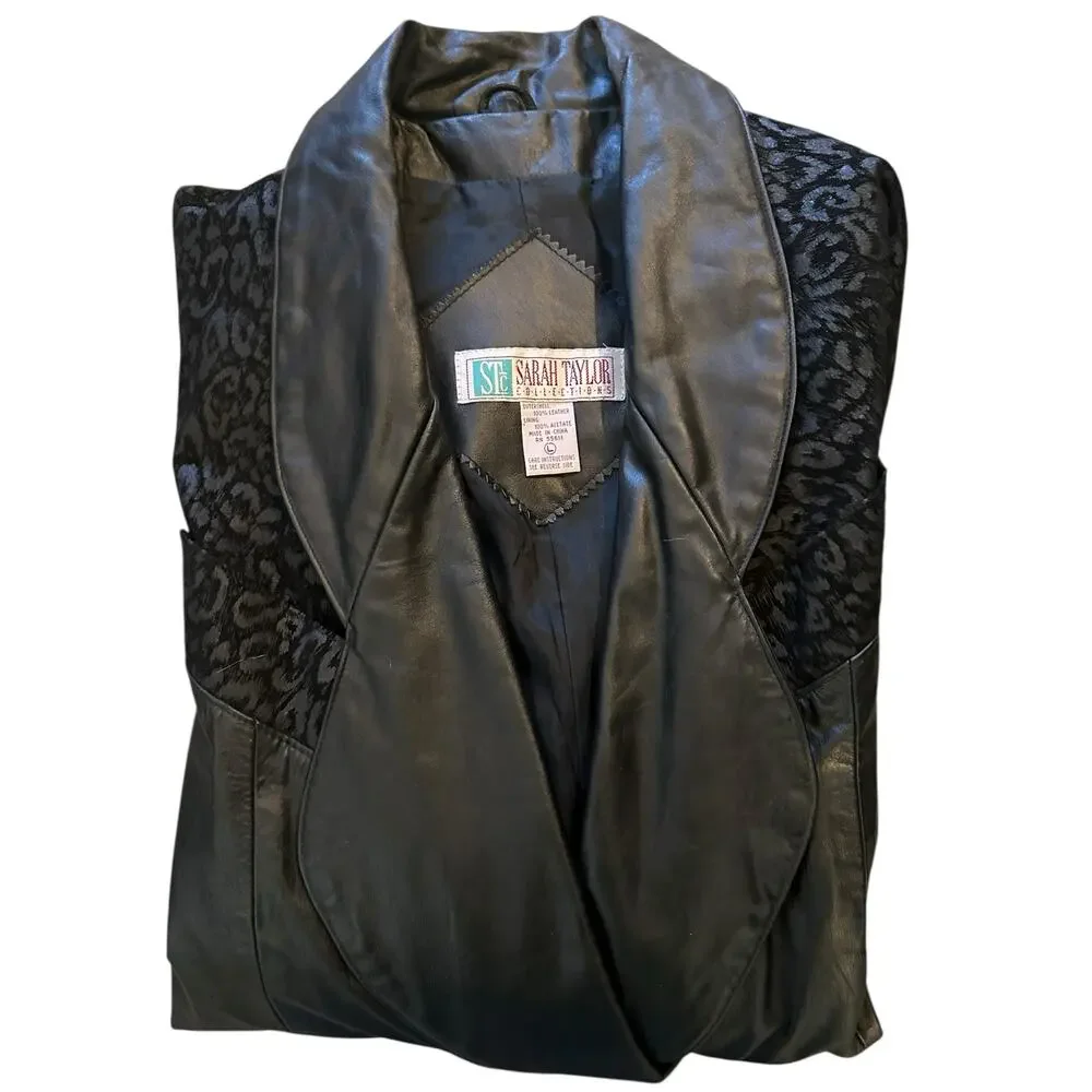 VTG 90’s Sarah Taylor Leather & Leopard Print Long Coat – Size L HolidayGift - Picture 6 of 10